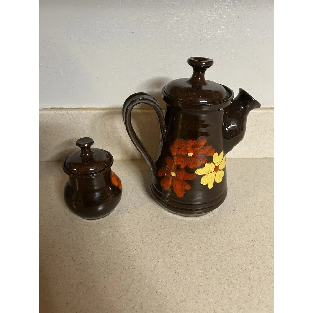 Vintage 70's Hand painted Tea/coffee Pot With Sugar Bowl Clay Glazed Flowers‎
